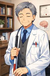 初老全盲の精神科医イラスト。白衣姿、右手に白杖、背景は医局事務室